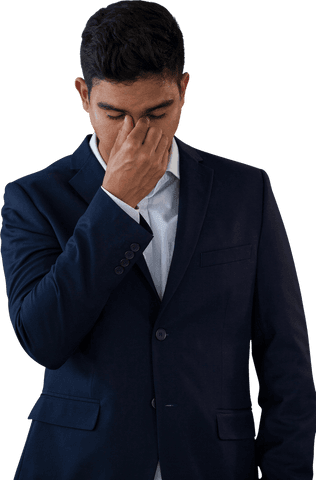 Transparent Young Businessman Suffering Headache in Formal Suit