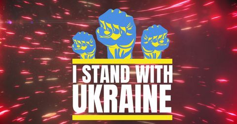 I stand with ukraine banner with fists and dynamic red lights