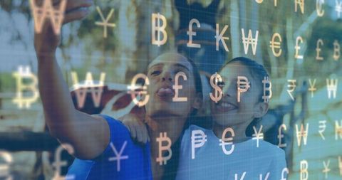 Mother and daughter taking selfie with floating currency symbols