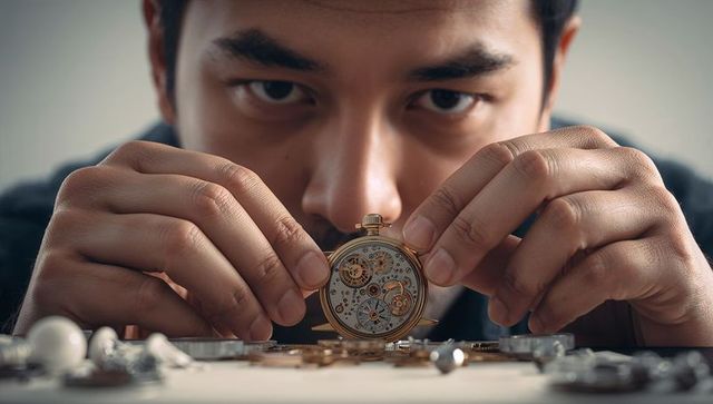 Asian watchmaker inspecting vintage pocket watch movement with precision tools