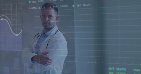 Doctor analyzing medical data on lab display with graphs