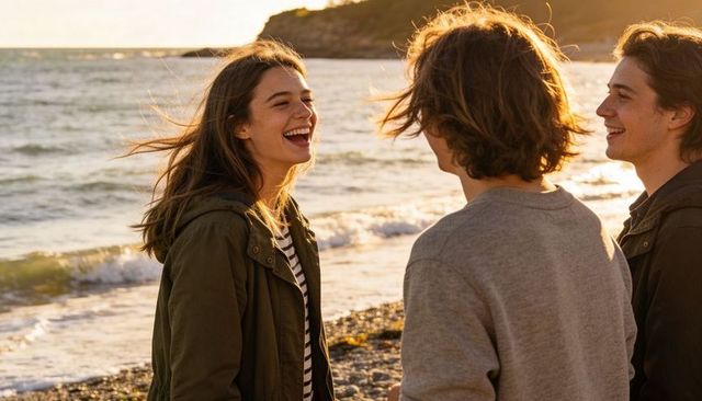 Friends laughing at sunset on pebbled shoreline, youthful candid golden hour moment