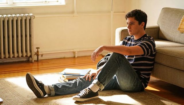 Teen studying on sunlit living room rug, contemplative student with backpack and notes