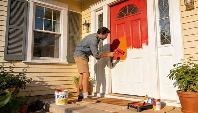 Man painting front door red on sunny porch during diy home makeover and exterior refresh