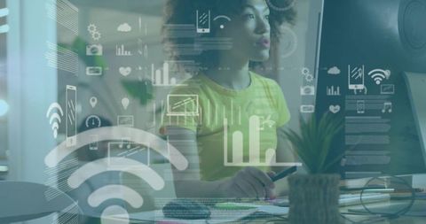 Focused Woman Analyzing Data with Digital Network Overlays in Office