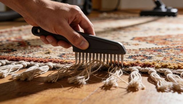 Hand combing rug fringe on hardwood floor with metal comb for tassel care and cleaning