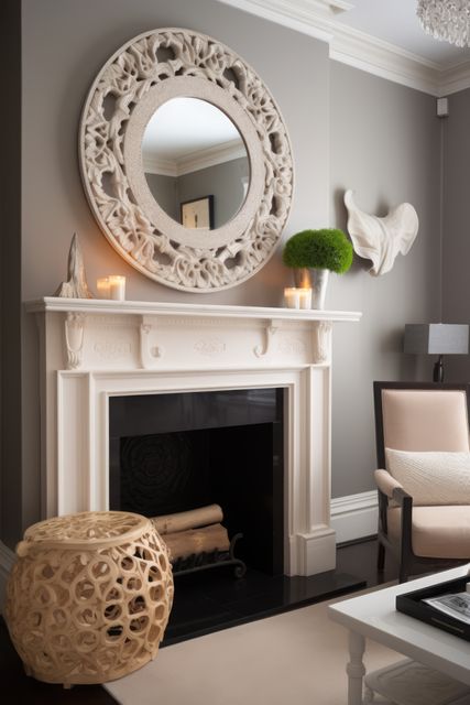 This stylish living room features a beautifully ornate mirror above a white fireplace, with modern, minimalist decor that includes a unique round wooden side table and beige armchair. The room offers a cozy, sophisticated ambiance, ideal for design magazines, home decor websites, advertisements for interior design services, or inspirations on home improvement blogs.