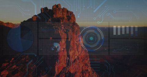 Red sandstone pinnacle with digital data visualization overlay at dusk