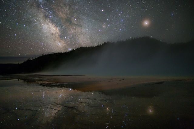 Milky Way Galaxy Reflection over Lake with Misty Mountain in Background - Download Free Stock Photos Pikwizard.com