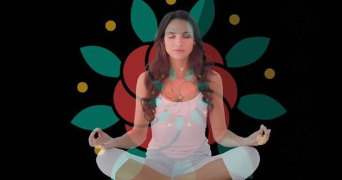 Woman meditating lotus position with floral overlay