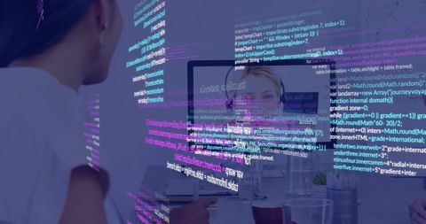 Employees Collaborating with Transparent Code Overlay in Office - Download Free Stock Images Pikwizard.com