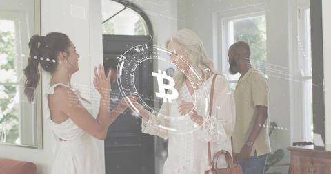 Women Greeting in Bright Foyer with Bitcoin HUD Overlay, Friends Meeting, Digital Finance