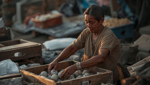 Market vendor sorting labeled eggs in wooden crate at golden hour rustic outdoor stall