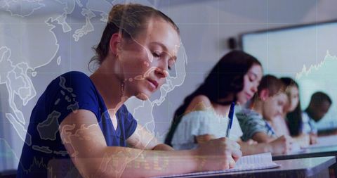 Teen students writing notes representing global education concepts