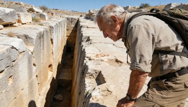 Senior hiker leaning over limestone trench peering into ancient archaeological ruins