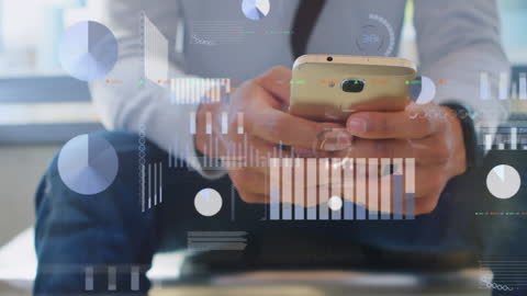 Technology Icons Hovering as Man Uses Smartphone