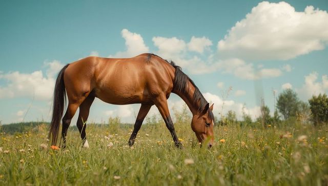 Bay horse grazing in serene flowering meadow under blue sky