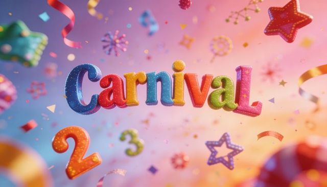 Vibrant 3d carnival letters floating with confetti, ribbons, glitter numbers, pastel bokeh