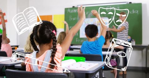 Children in Classroom with Educational Icons Overlay - Download Free Stock Images Pikwizard.com