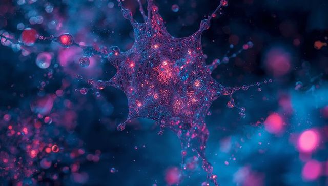 Futuristic glowing molecular network on blue backdrop
