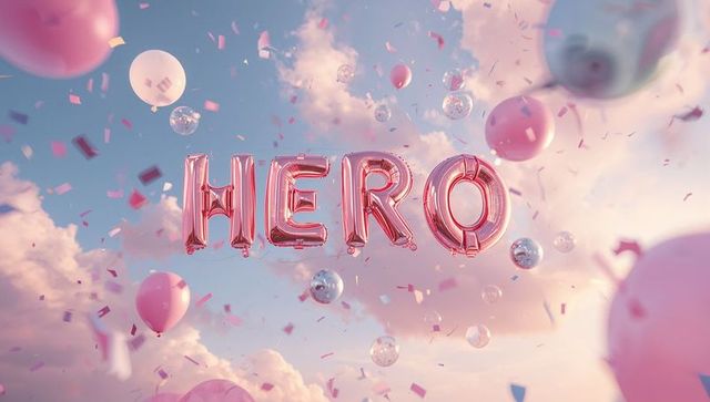 Floating rose-gold foil balloons forming hero drifting through pastel clouds with confetti
