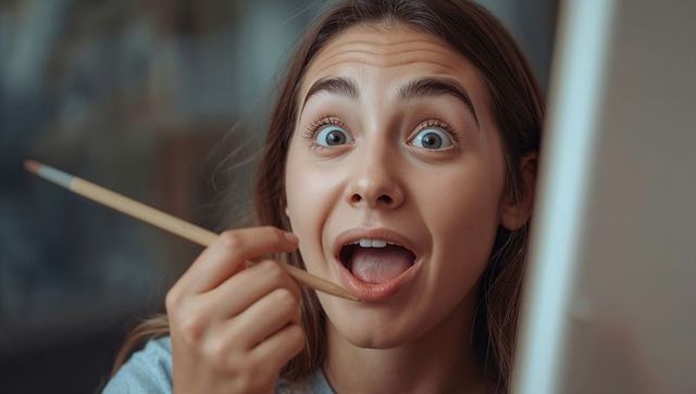 Teen artist showing playful surprise while holding paintbrush at easel closeup portrait
