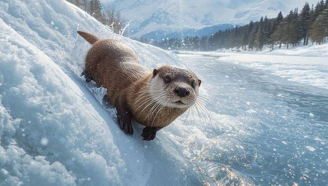 Playful river otter sliding down snowbank toward icy river, splashing water and snow