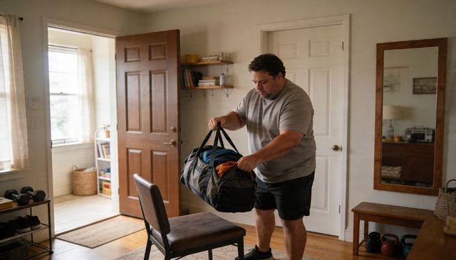 Man packing duffel in sunlit foyer preparing for trip or gym session