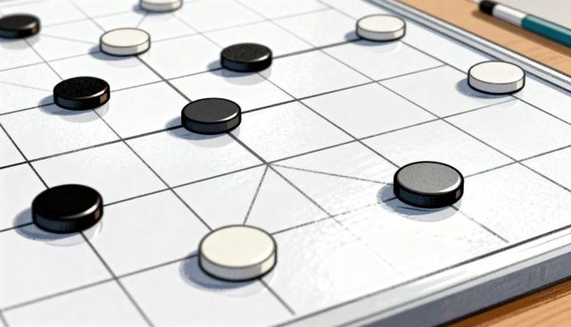 Glossy strategy board with black and white game discs on grid close-up for tabletop tactics