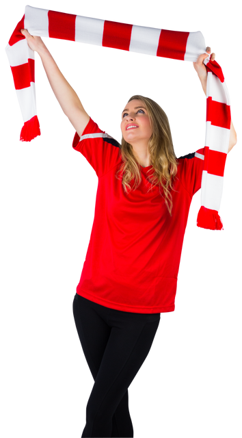 Cheering Football Fan Holding Red and White Scarf Transparent Background - Download Free Stock Videos Pikwizard.com