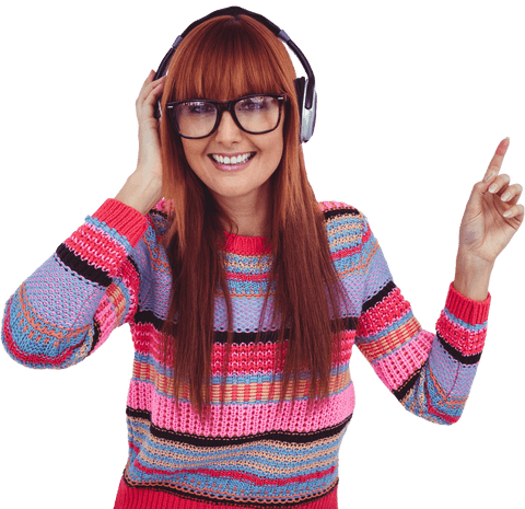 Transparent Hipster Woman Enjoying Music with Headphones Smiling
