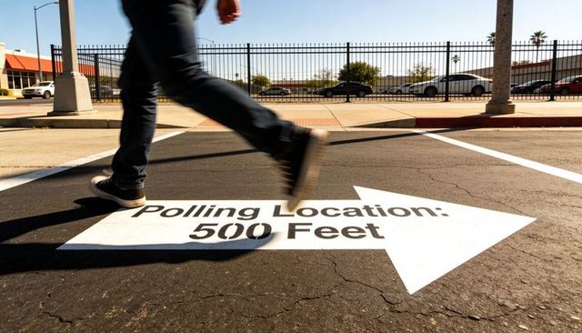 Voter walking toward polling location 500 feet arrow on asphalt crosswalk in city