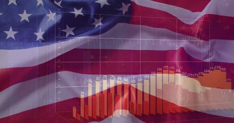 Waving American Flag with Financial Charts Overlaying
