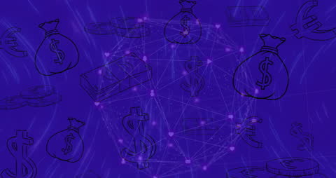 Digital Network and Currency Icons Over Blue Background