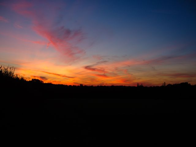 Photo showcases a vibrant and colorful sunset sky with hues of orange, red, and purple, blending into the darkening blue of approaching night. Silhouette of distant trees and horizon add depth and serenity, making this perfect for backgrounds, nature-themed projects, relaxation content, and wall art aiming to evoke calm and peaceful feelings.