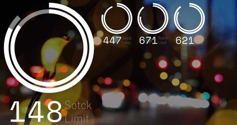 Data processing interface over cityscape with colorful lights