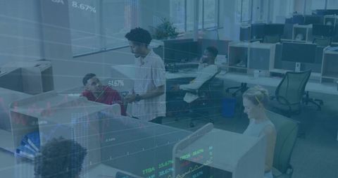 Team collaborating in open-plan office with financial data overlay and monitors