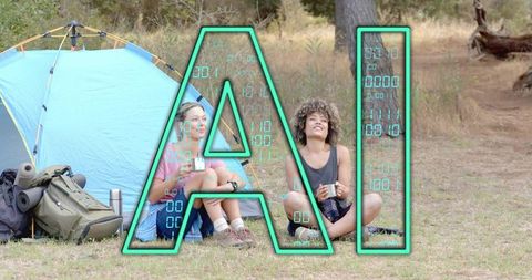 Two women camping and sipping mugs with ai data overlay, nature and technology fusion