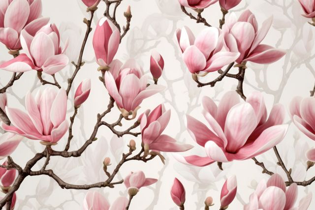 Magnolia flowers are blooming beautifully in shades of pink, creating a serene and elegant natural scene. Suitable for use in botanical illustrations, garden-related content, or floral pattern designs. Ideal for backgrounds, spring-themed creatives, and promotional materials for beauty or gardening products.