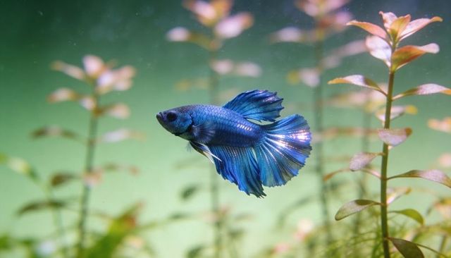 Metallic blue betta fish swimming among aquatic plants showing iridescent flowing fins