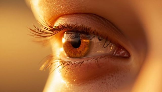 Amber iris extreme macro showing lashes, tear film and skin texture in golden hour