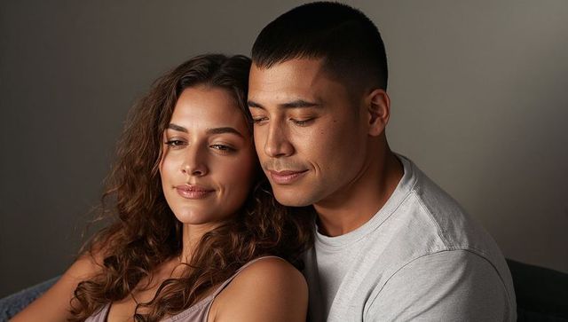 Authentic couple leaning close on sofa embracing quiet intimacy and warm lifestyle moment