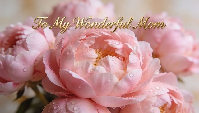 Pink Peony Cluster with Dew Drops and Gold Cursive To My Wonderful Mom Greeting