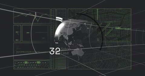 Futuristic data dashboard displaying 3d dotted globe, neon map overlays, analytics hud