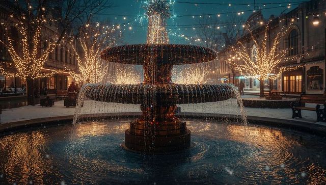 Magical winter fountain in festive plaza at night