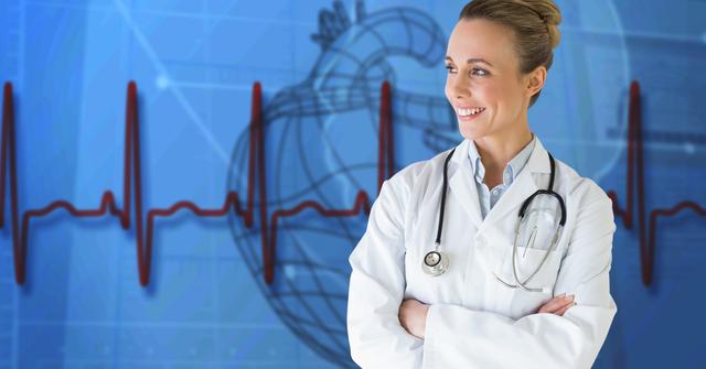 Female doctor standing with arms crossed, smiling confidently. Heart rate graph in background suggests cardiology or medical technology theme. Ideal for healthcare promotions, medical websites, cardiology services, and health-related articles.