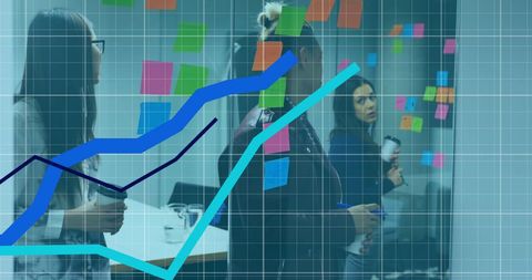 Business team analyzing growth strategy with data visuals