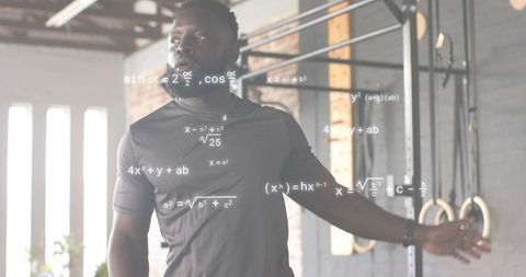 Athlete calculating performance metrics in industrial gym with mathematical equations overlay