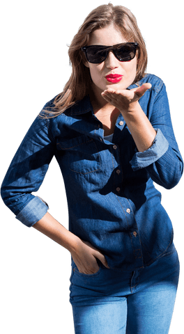 Confident Woman in Denim Blowing a Kiss on Transparent Background