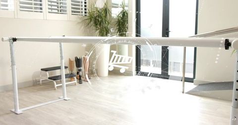 Rehabilitation Parallel Bars with Prosthetic Limbs and Digital HUD Overlay in Bright Clinic